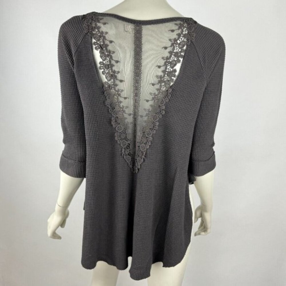 Free People Waffle Lace Back‎ Top Women S 3/4 Sleeve Stretch Cotton Thermal Tee